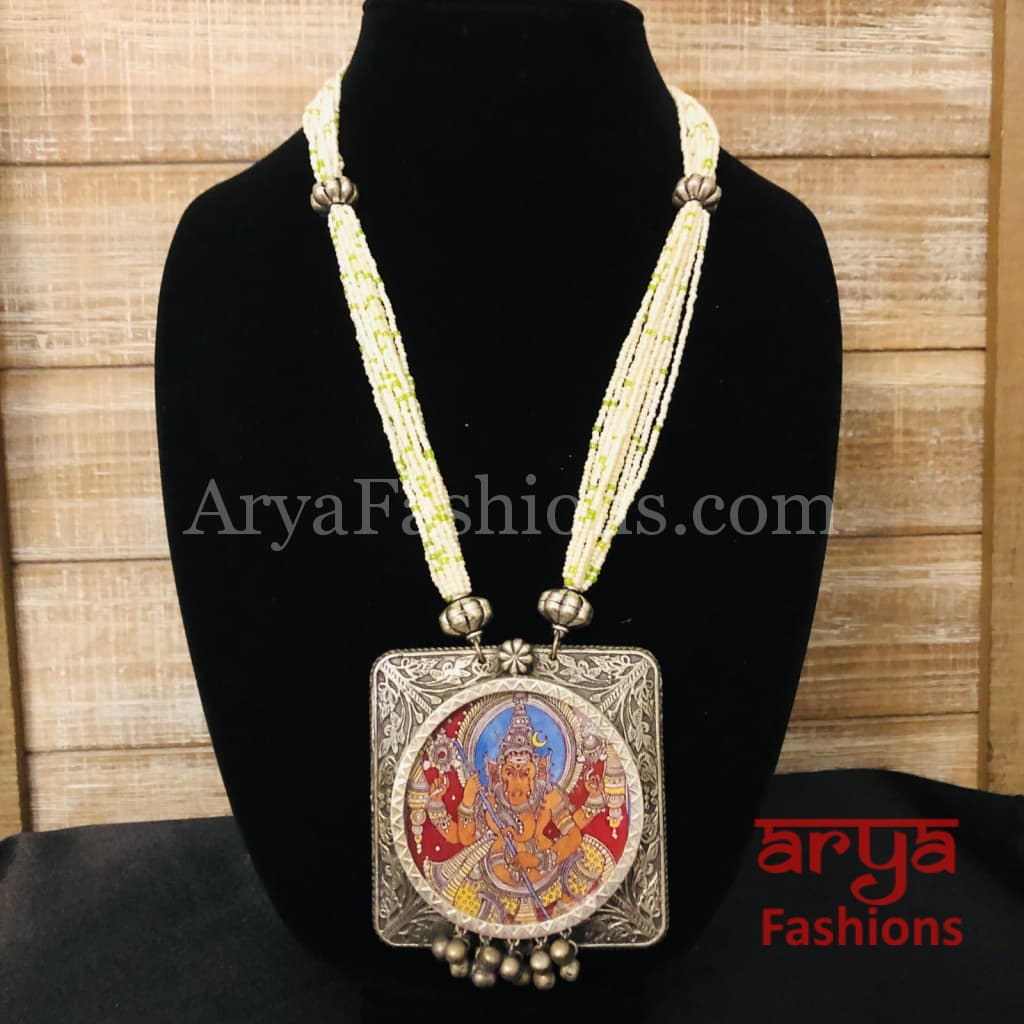 Kalamkari Painting Oxidized Silver Pendant with Multistrand Pearl chain