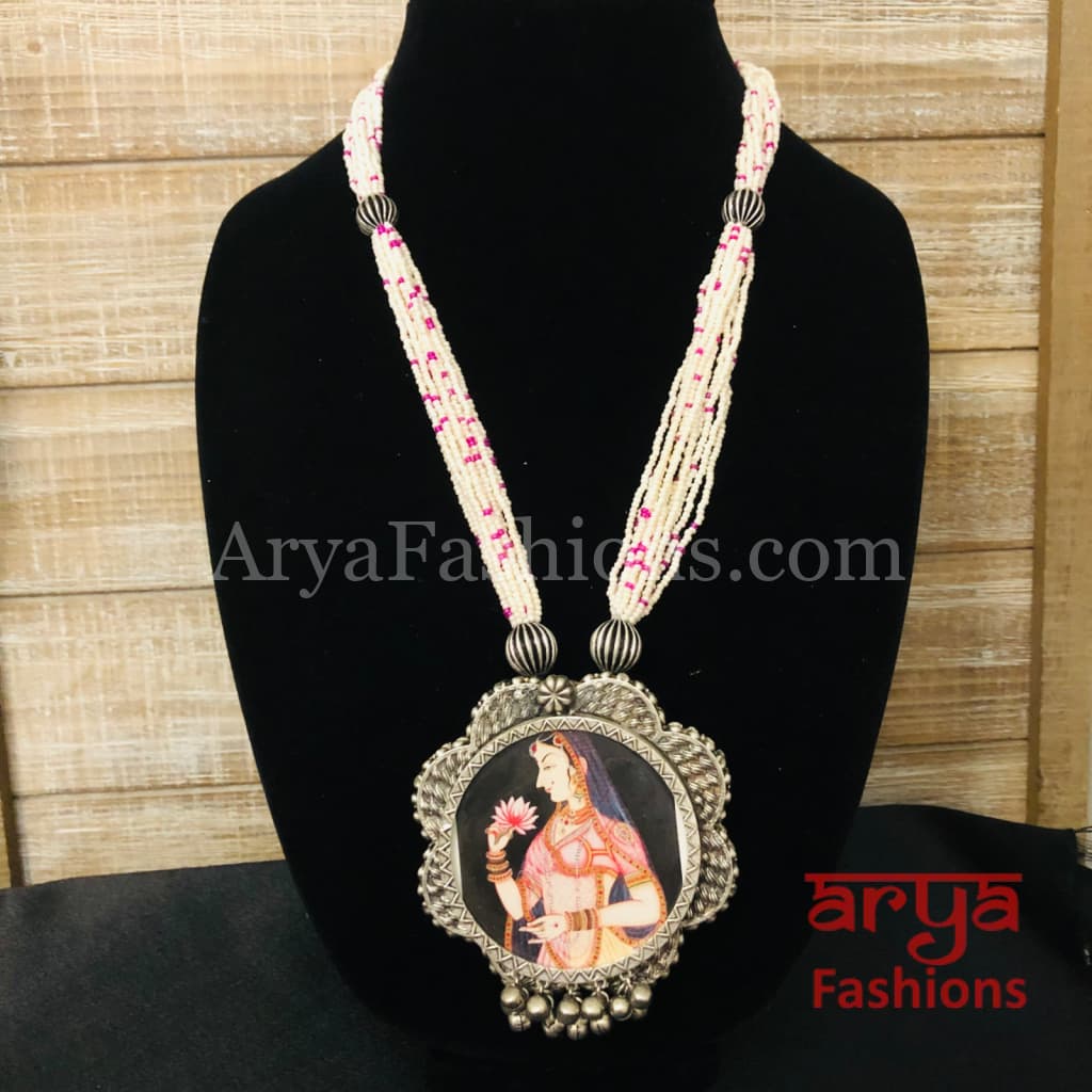 Kalamkari Painting Oxidized Silver Pendant with Multistrand Pearl chain