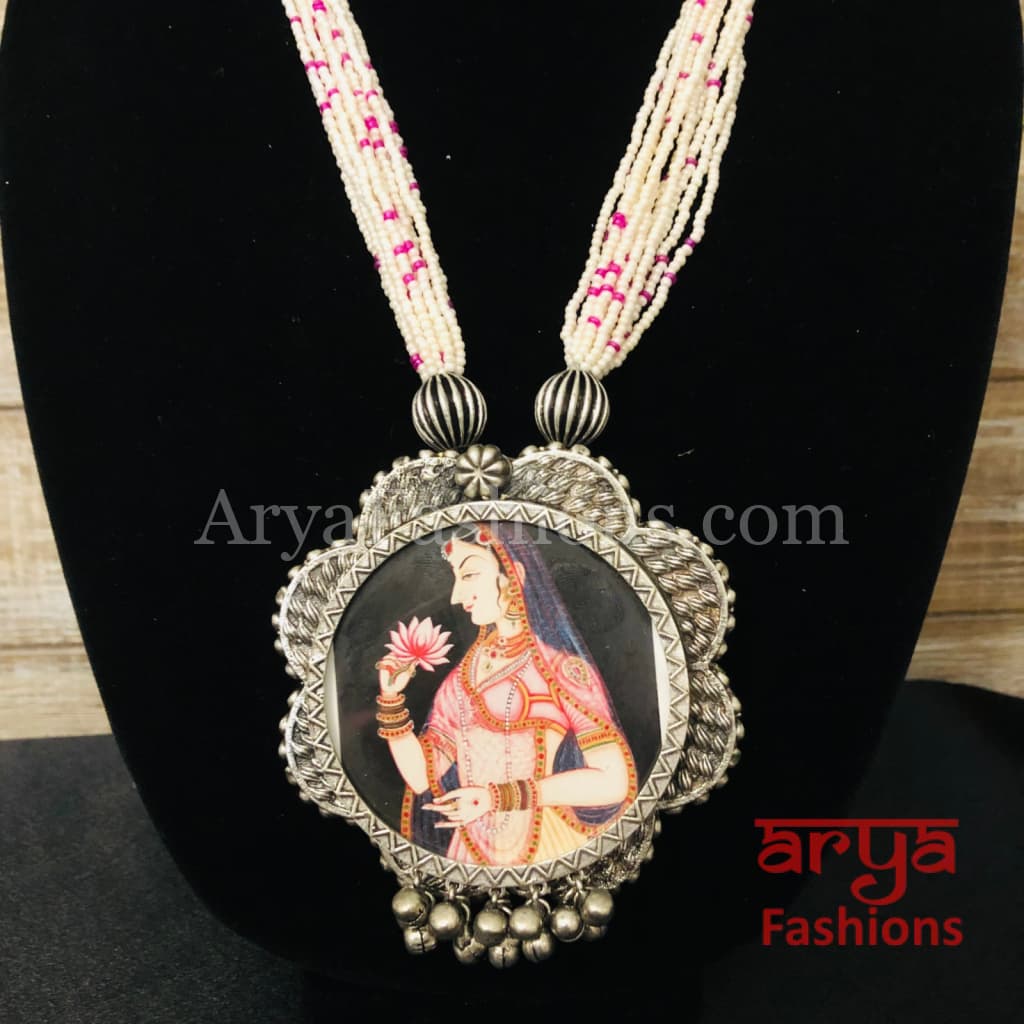 Kalamkari Painting Oxidized Silver Pendant with Multistrand Pearl chain