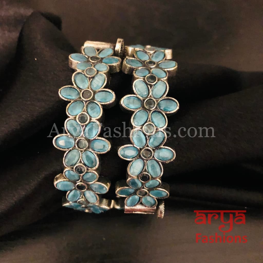 Karishma Oxidized Silver Bracelet Kada with colored stones