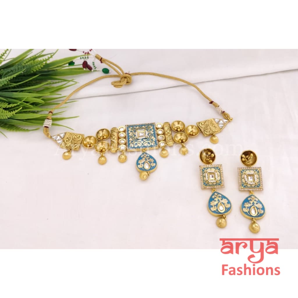 Karishma Rajwadi Antique Kundan Choker with Meenakari