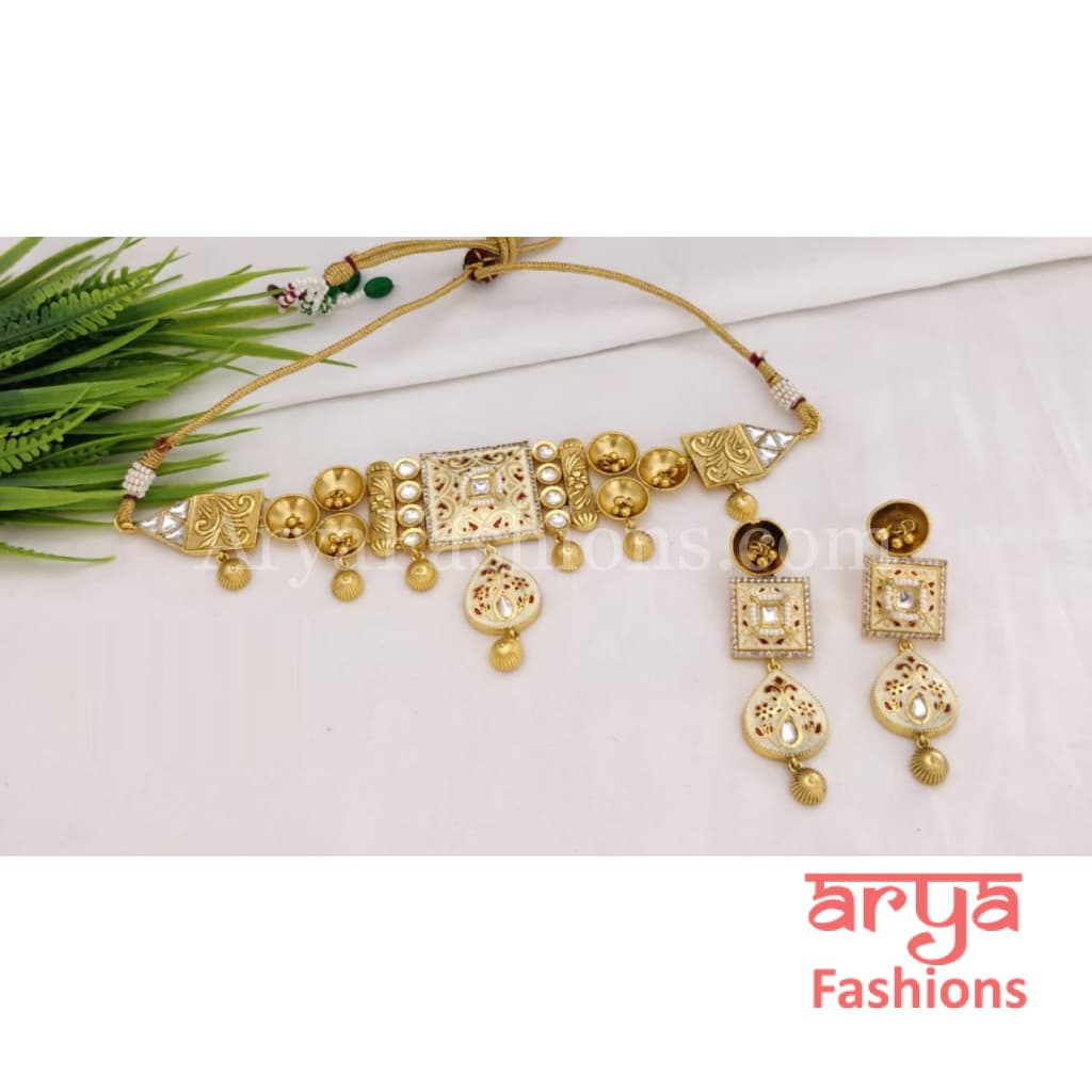 Karishma Rajwadi Antique Kundan Choker with Meenakari