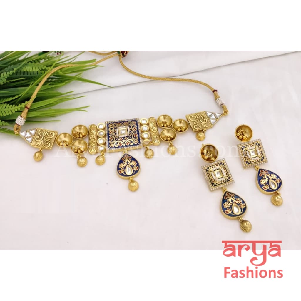 Karishma Rajwadi Antique Kundan Choker with Meenakari