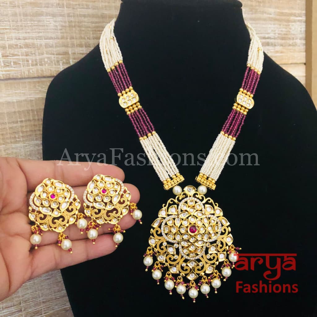 Kashi CZ Kundan Statement Necklace/Ruby Pink Beads Necklace/Handmade Necklace