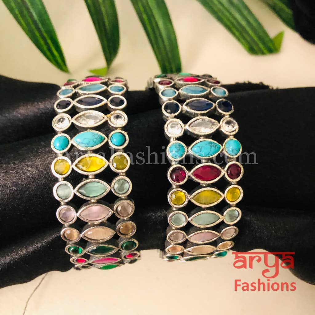 Kashvi Silver Oxidized Bracelet Bangles with Multicolor Stones