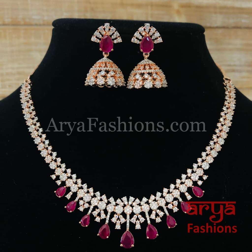 Kavina Rose Gold Ruby CZ Necklace with Jhumka Earrings
