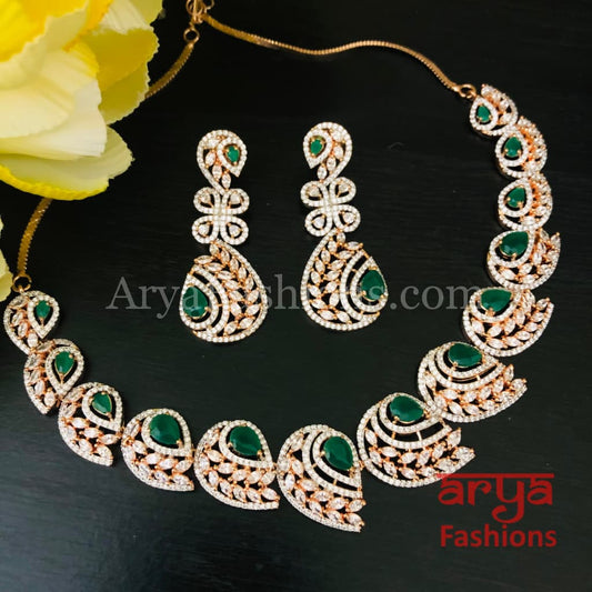 Kiaana Emerald Rose Gold CZ Necklace with Earrings