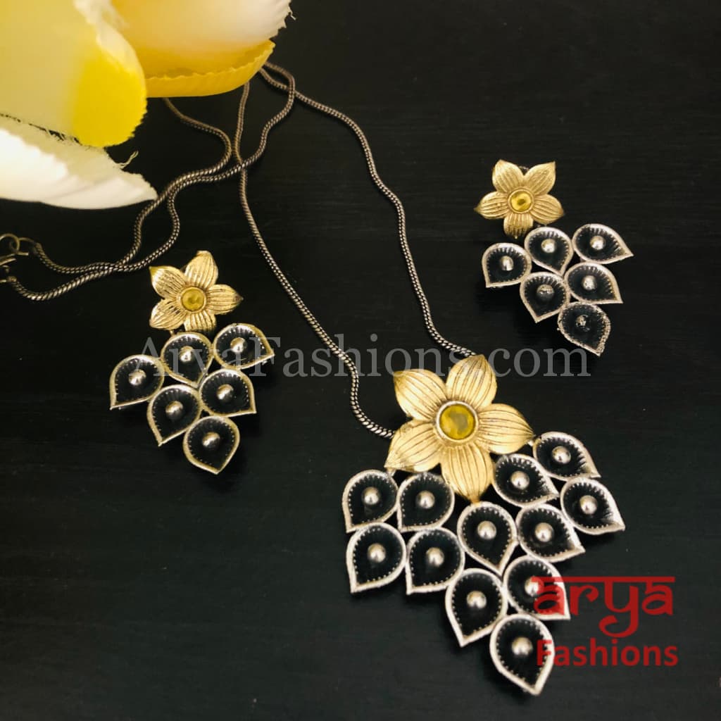 Kiara Dual Tone Oxidized Silver Pendant with Earrings