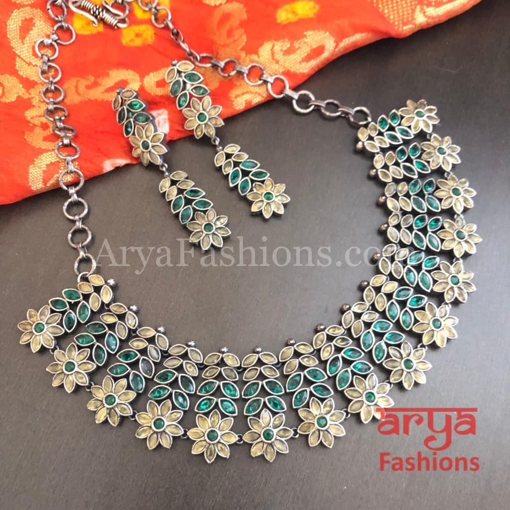 Kishani Oxidized Silver Jaipuri Tribal Necklace with Multicolor beads