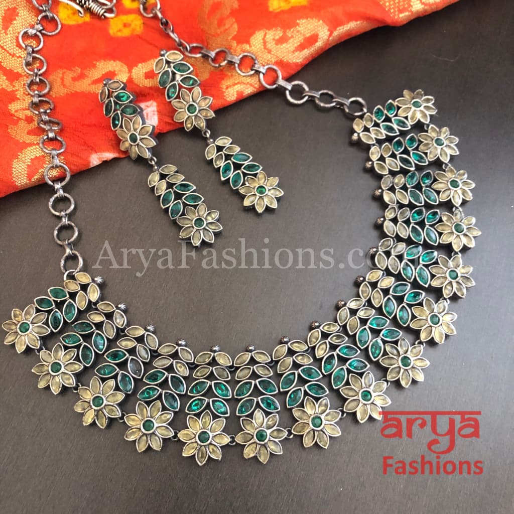 Kishani Oxidized Silver Jaipuri Tribal Necklace with Multicolor beads