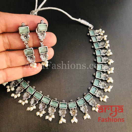 Kishu Designer Oxidized Silver Necklace with Multicolor Stones