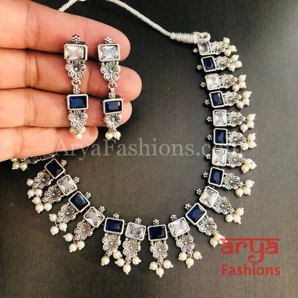 Kishu Designer Oxidized Silver Necklace with Multicolor Stones