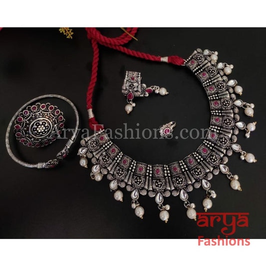 Kolhapuri Oxidized Silver Necklace set with Pearl Beads