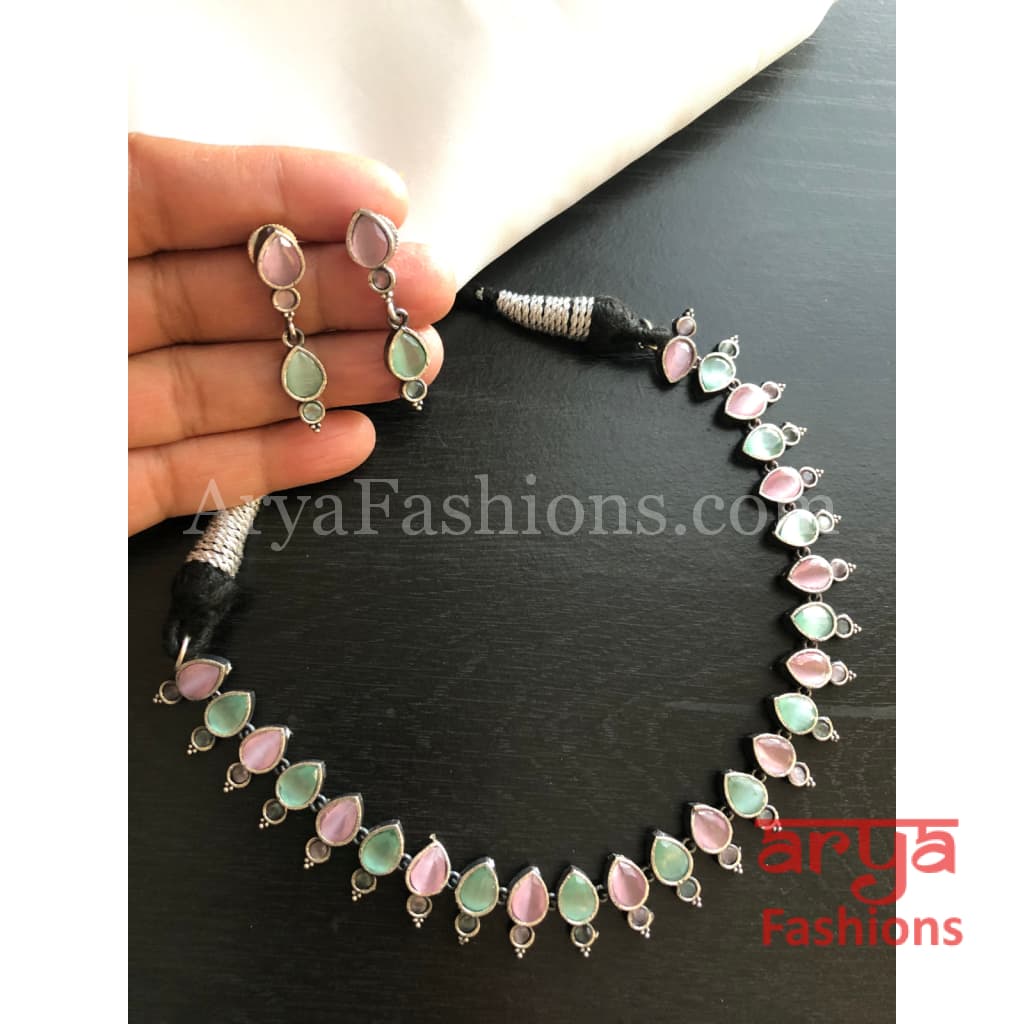 Krushi Multicolor Color Oxidized Silver Necklace