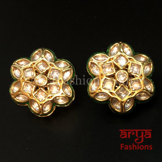 Kundan Green Meenakari Star Shape Studs