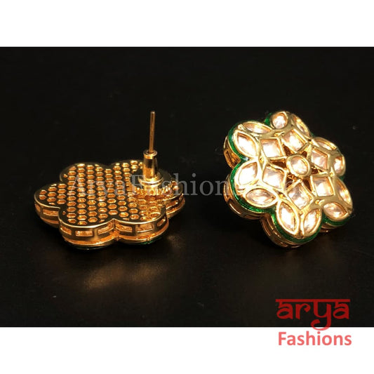 Kundan Green Meenakari Star Shape Studs