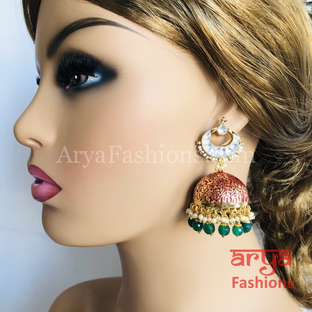 Kundan Jhumka Earrings with Pink and Golden Meenakari