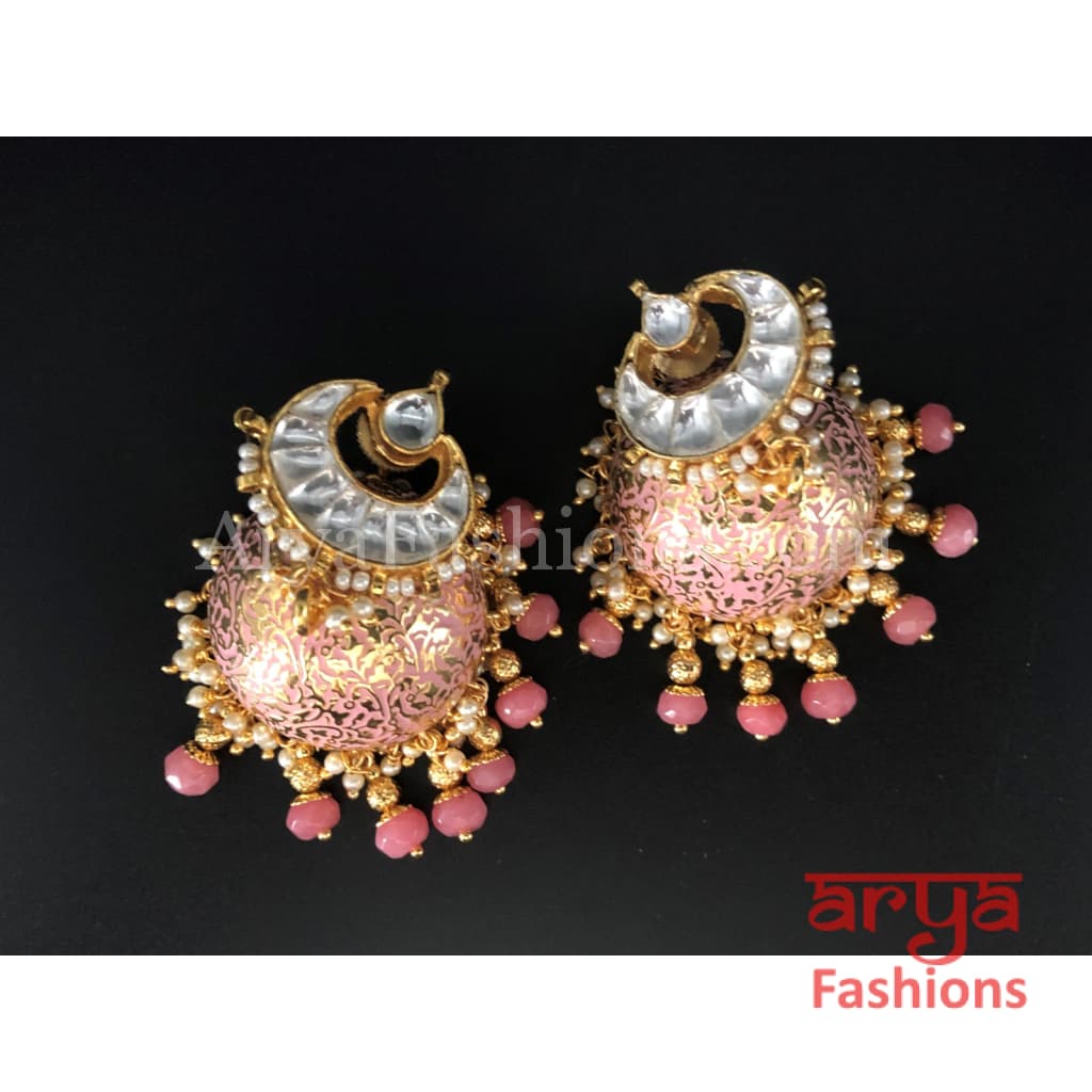 Kundan Jhumka Earrings with Pink and Golden Meenakari