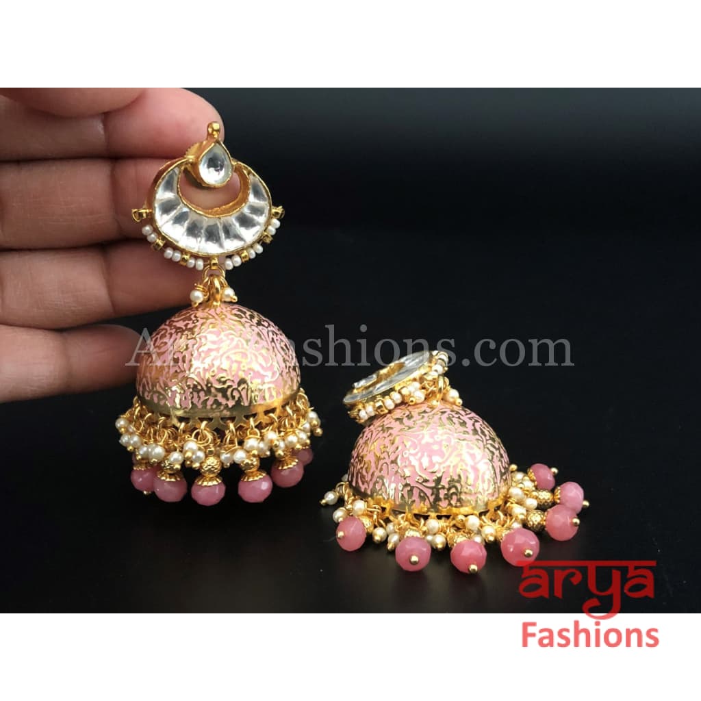 Kundan Jhumka Earrings with Pink and Golden Meenakari