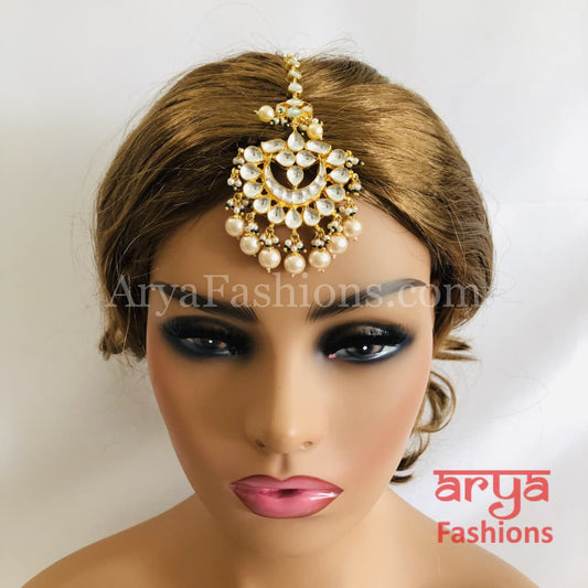 Kundan Mang Tika with Golden Pearl Beads