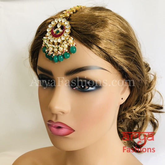 Kundan Mang Tika with Multicolor stones and Emerald Beads