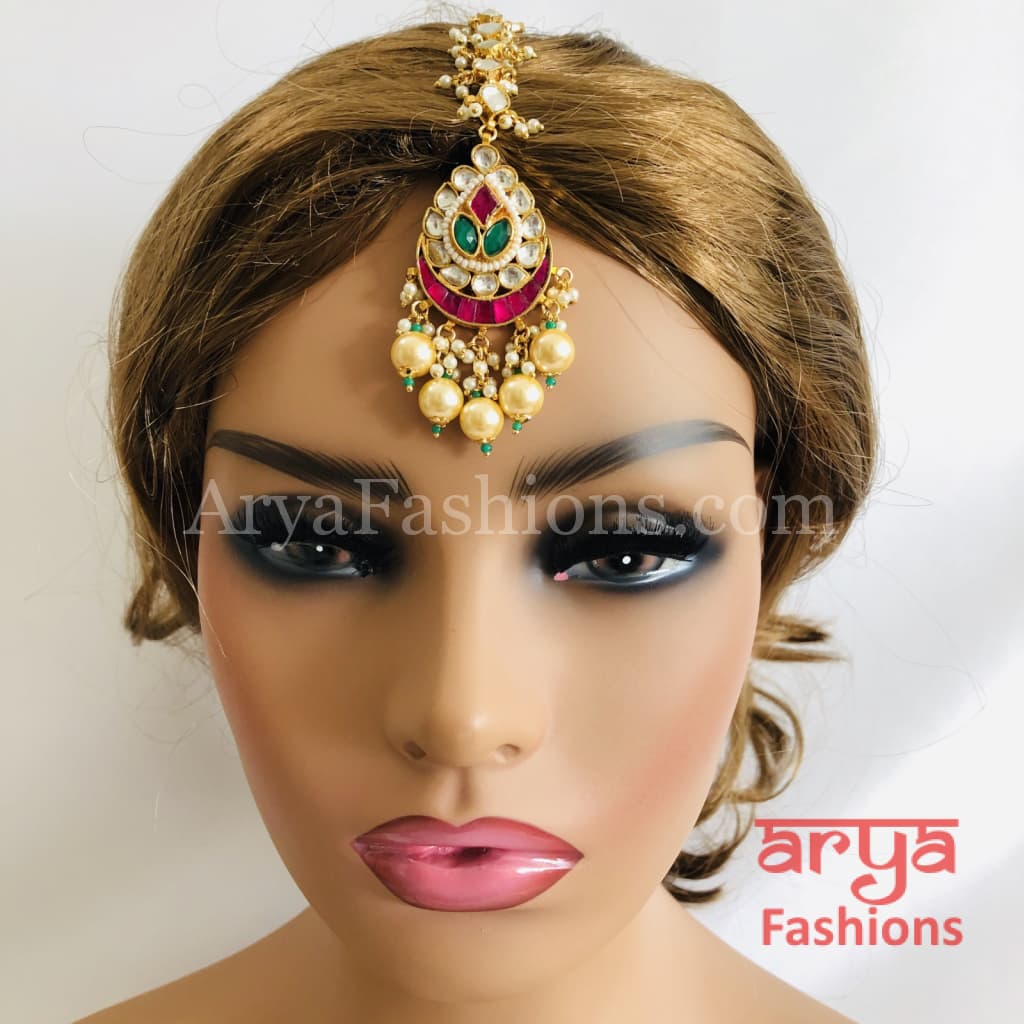 Kundan Mang Tika with Multicolor stones and Pearl Beads