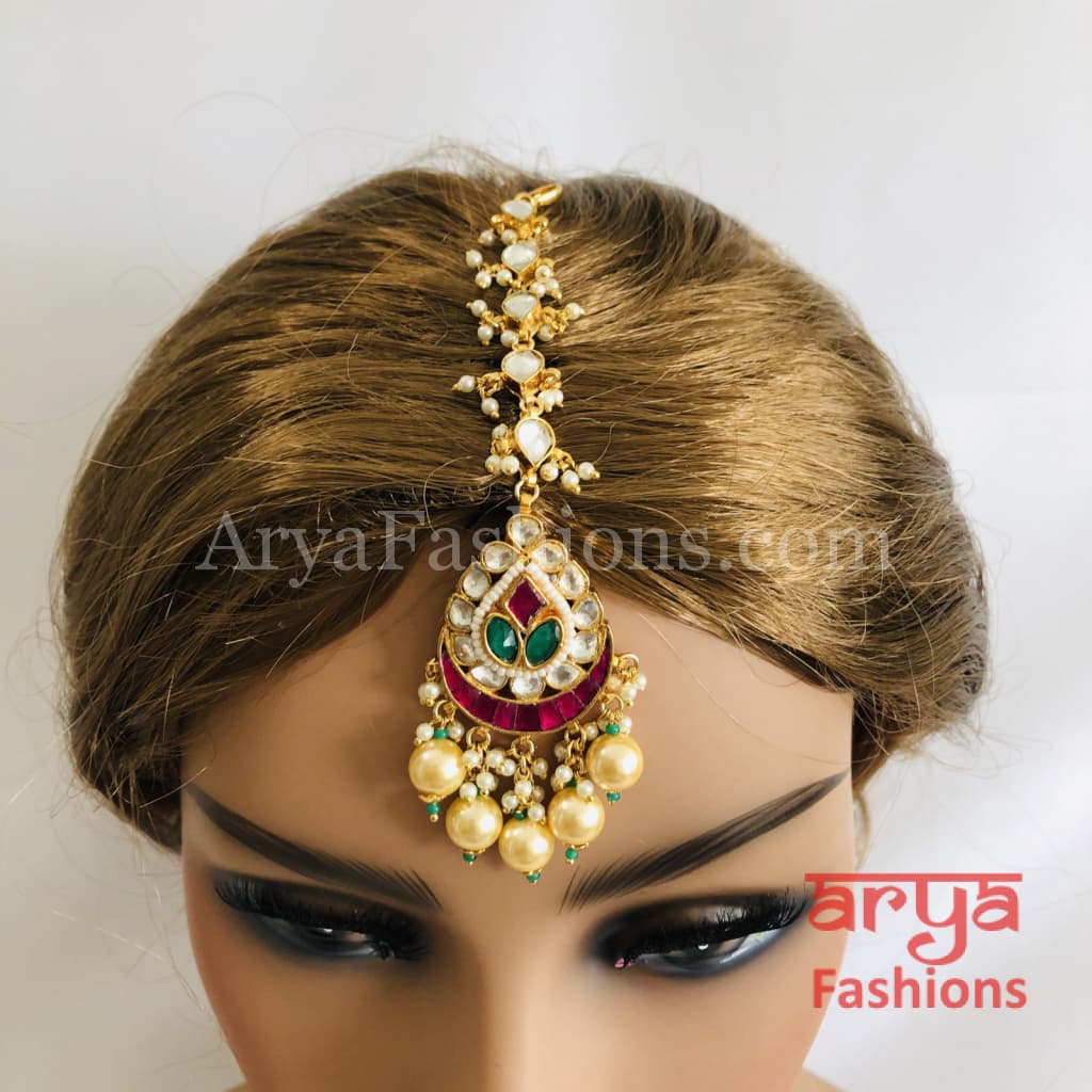 Kundan Mang Tika with Multicolor stones and Pearl Beads