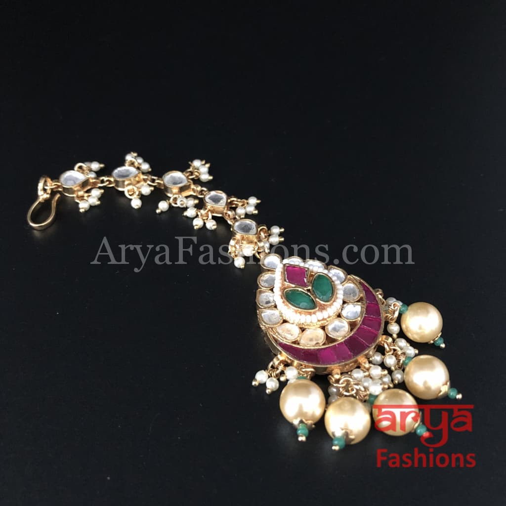 Kundan Mang Tika with Multicolor stones and Pearl Beads