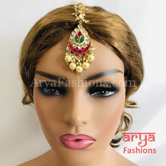 Kundan Mang Tika with Multicolor stones and Pearl Beads