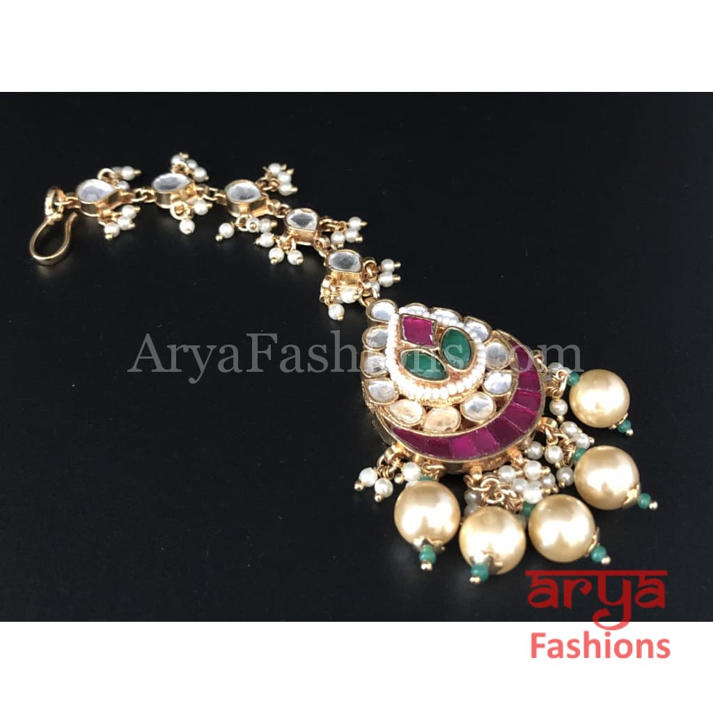 Kundan Mang Tika with Multicolor stones and Pearl Beads