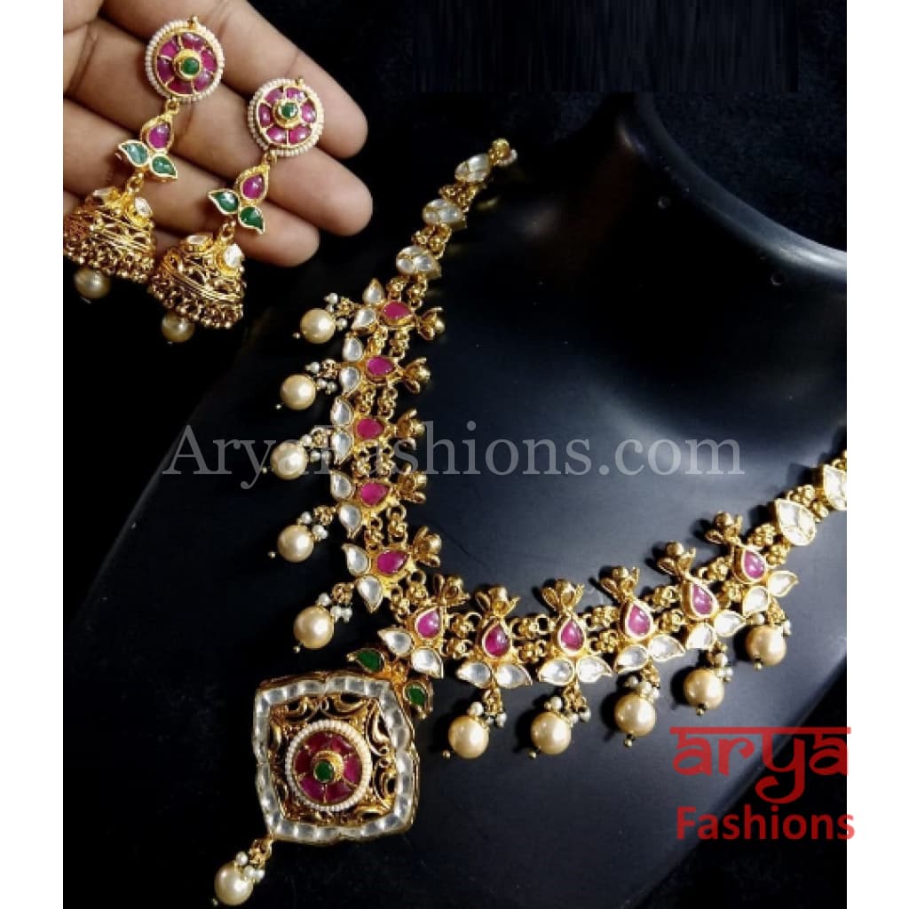 Kundan Meenakari Necklace with Golden Pearl Drops