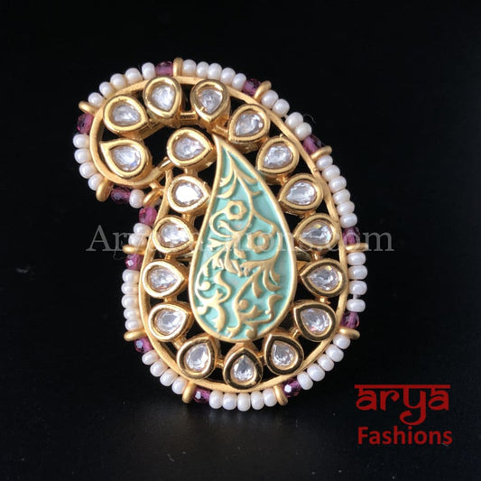 Kundan Mint Green Meenakari Pearl Golden Ring