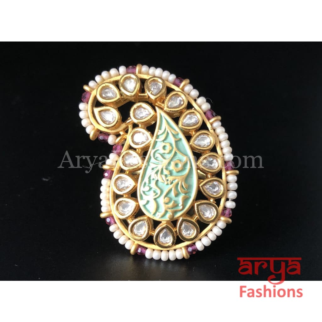 Kundan Mint Green Meenakari Pearl Golden Ring