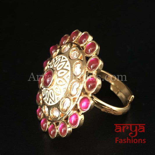 Kundan Ring with Ivory Meenakari and Ruby Stones