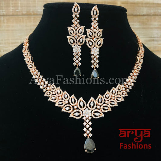 Lavina Emerald Rose Gold Necklace with Long Earrings