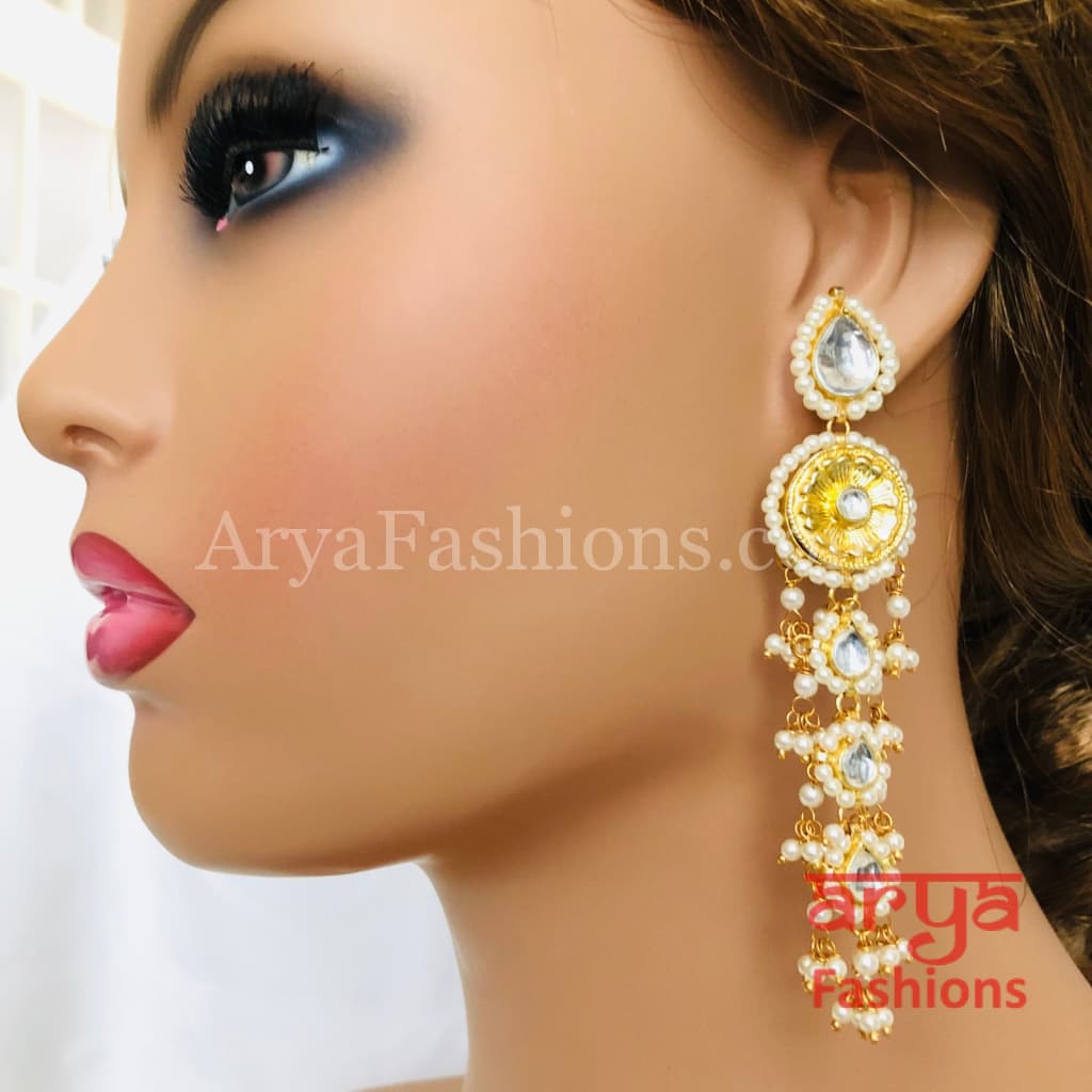 Long Golden Kundan Pearl Rajwadi Earrings