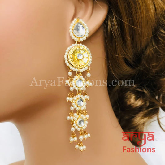 Long Golden Kundan Pearl Rajwadi Earrings