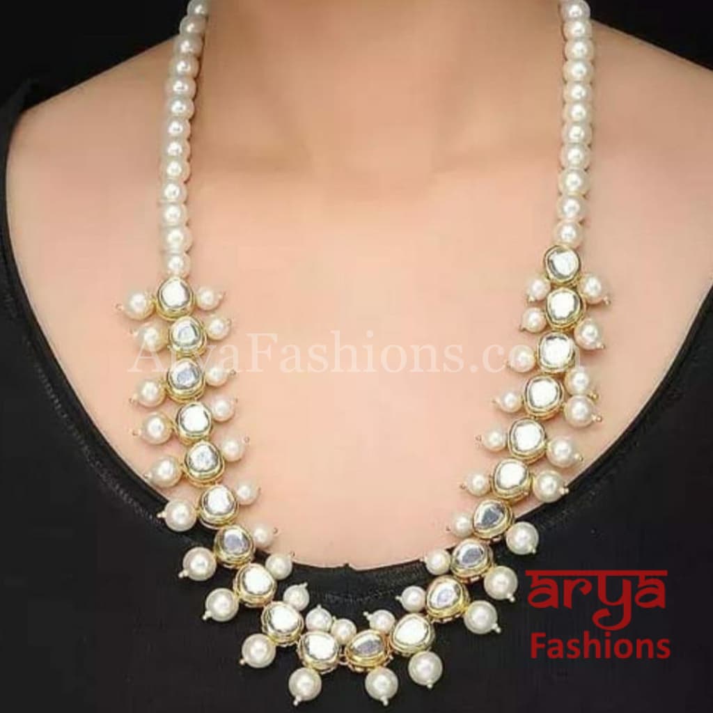 Long Kundan Necklace with Pearl Drops and Meenakari