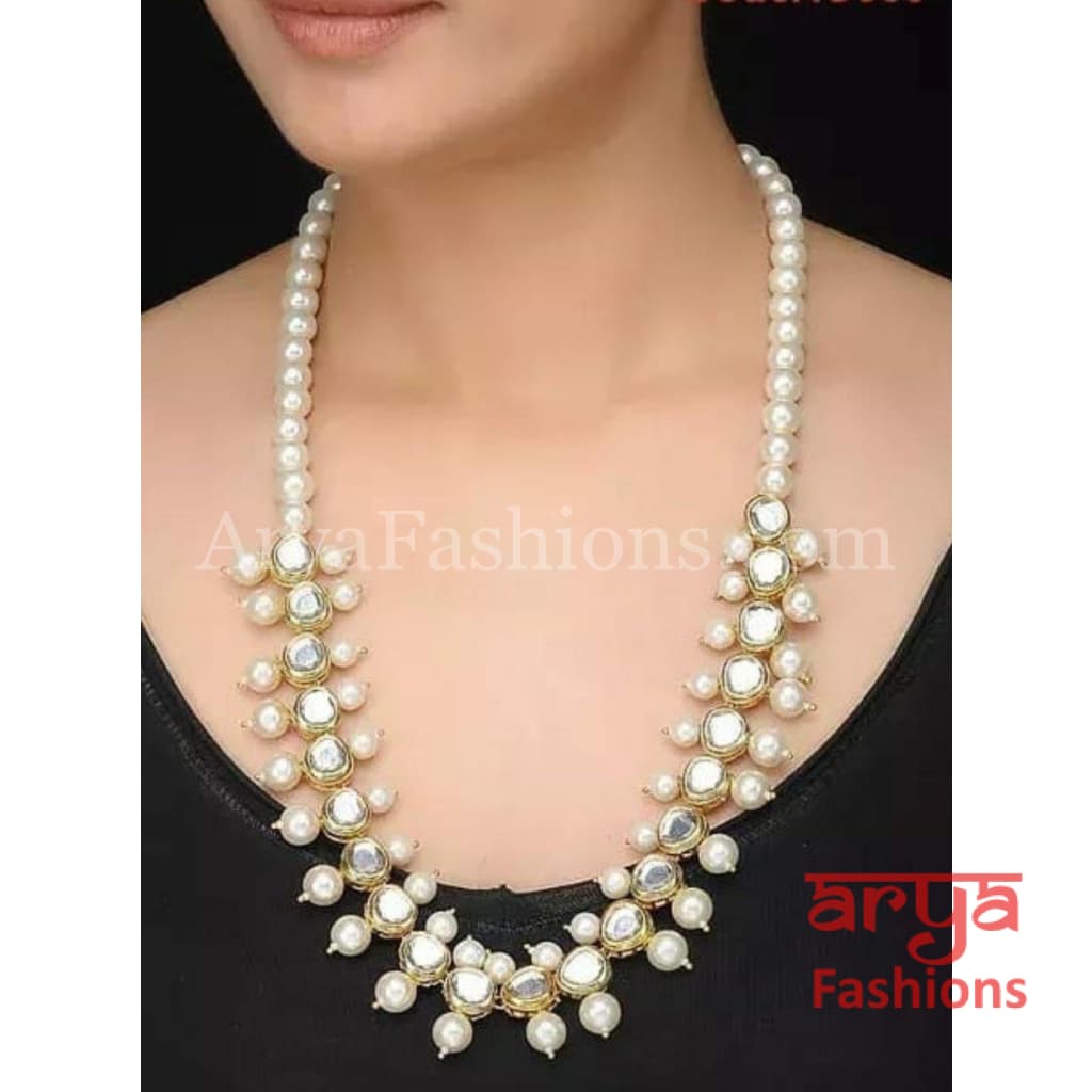 Long Kundan Necklace with Pearl Drops and Meenakari