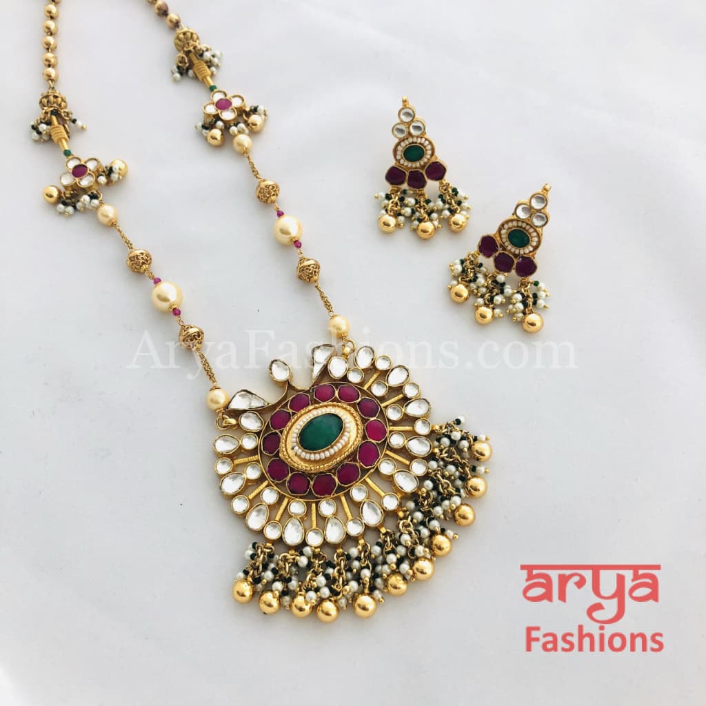Long Kundan Necklace with Ruby and Emerald Beads work