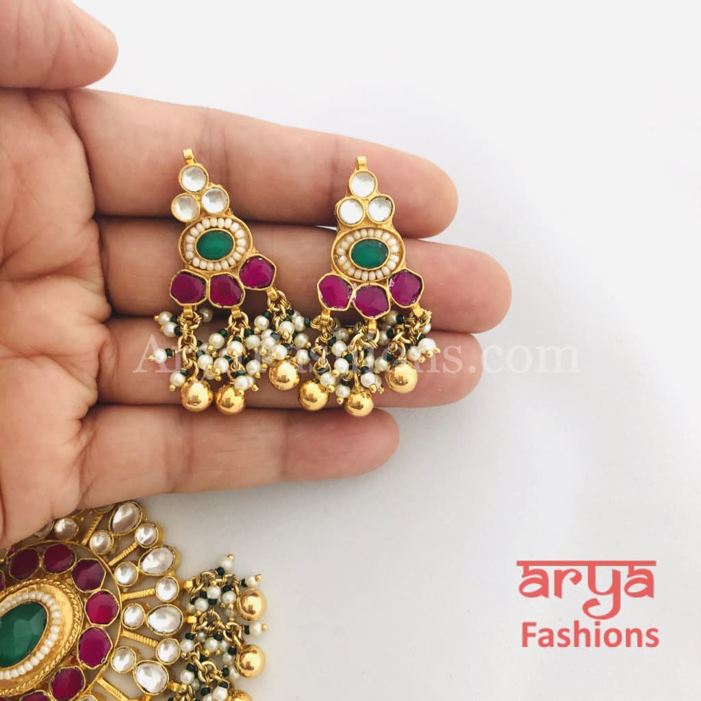 Long Kundan Necklace with Ruby and Emerald Beads work