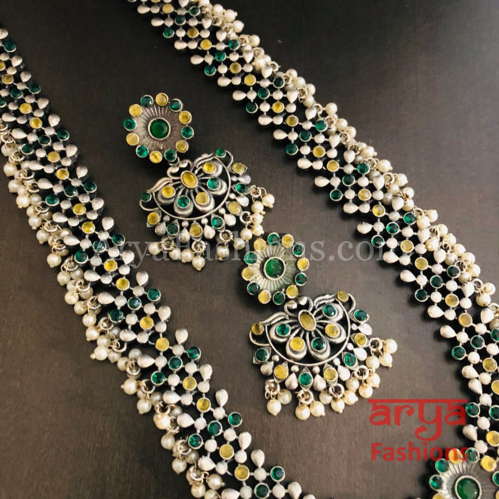 Long Multicolor Stone Oxidized Silver Haram Necklace