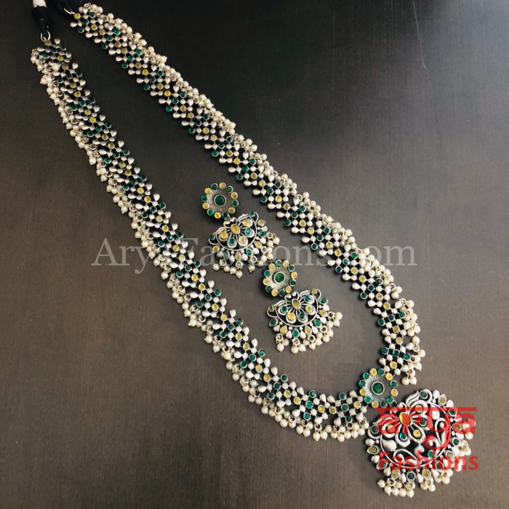 Long Multicolor Stone Oxidized Silver Haram Necklace