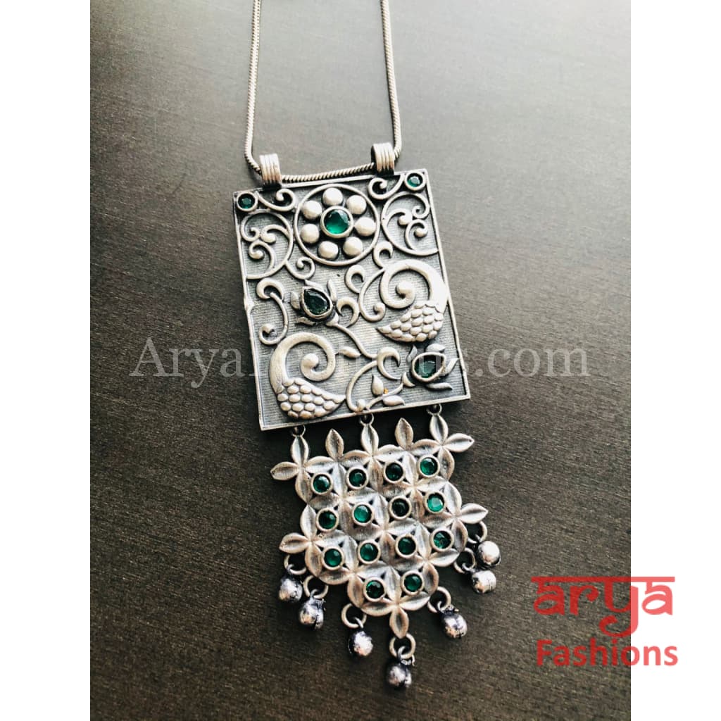 Long Oxidized Silver Pendant Handcarved Necklace with Semi-Precious Green