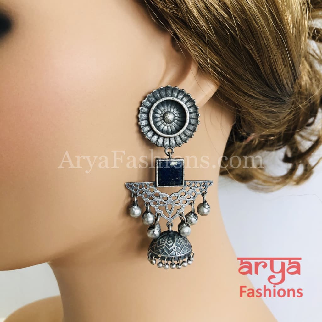 Long Pink Green Silver Oxidized Jhumka Earrings