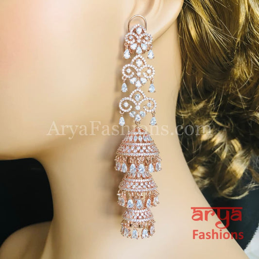 Long Rose Gold Triple Jhumka Earrings / Silver CZ Designer Cocktail