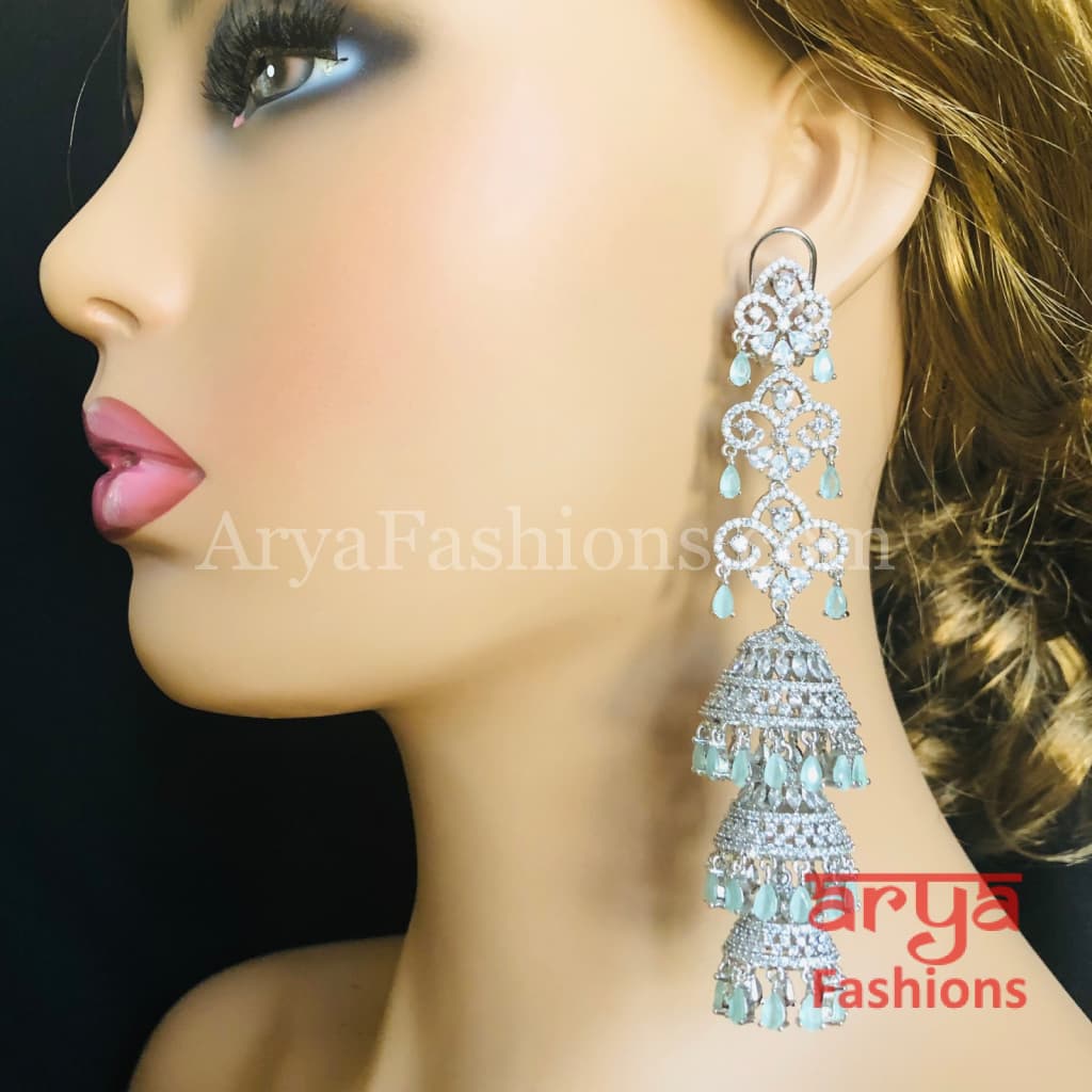 Long Rose Gold Triple Jhumka Earrings / Silver CZ Designer Cocktail