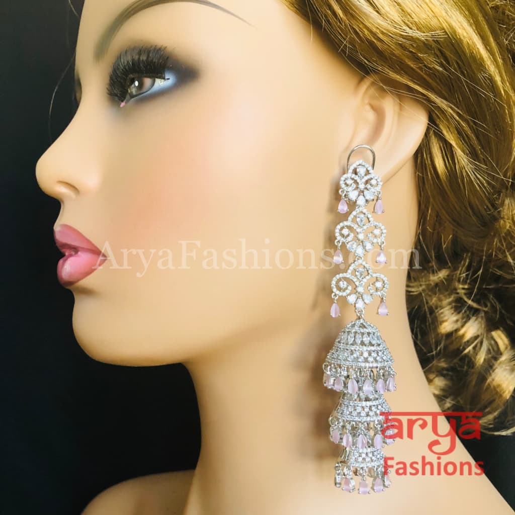 Long Rose Gold Triple Jhumka Earrings / Silver CZ Designer Cocktail