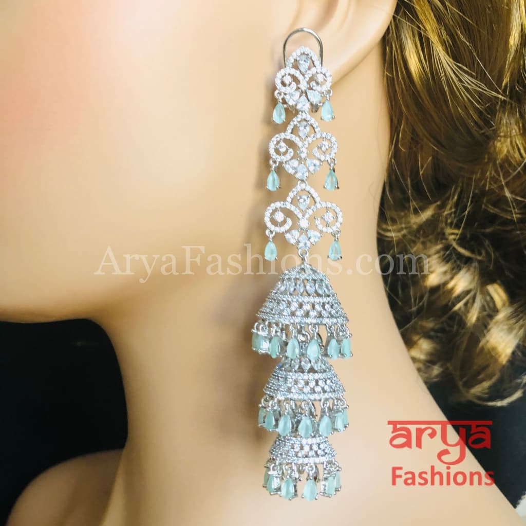 Long Rose Gold Triple Jhumka Earrings / Silver CZ Designer Cocktail