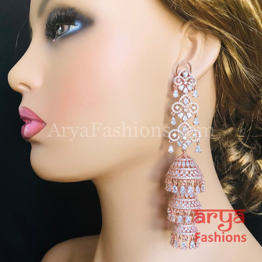 Long Rose Gold Triple Jhumka Earrings / Silver CZ Designer Cocktail